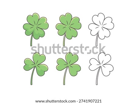 Green clover leaf set. Lucky shamrocks and four petals clovers emblems, irish 3 and 4 leaves decoration happiness signs, ireland luck symbols. Vector illustration