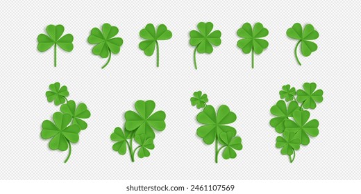 Green clover leaf with three and four petals on transparent background. Realistic 3d vector set of lucky Irish symbol shamrock. Trefoil and quatrefoil single and in bundle for St Patrick design.