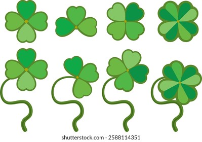 Green clover leaf with three and four petals on transparent background design set. set of lucky Irish symbol shamrock. Trefoil and quatrefoil single and in bundle for St Patrick design.