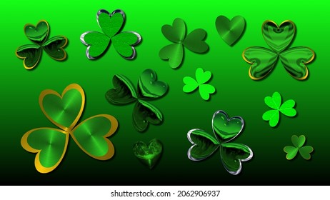 Green Clover leafs wallpaper with metallic chrome, silver and gold efects.
