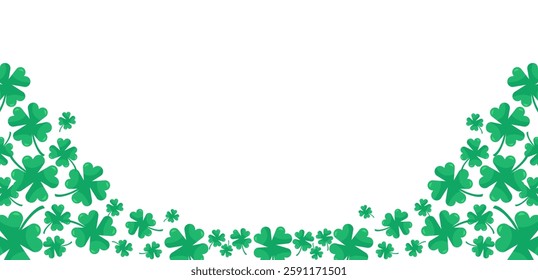 Green clover leaves festive border, banner, background. St. Patrick's Day designs and celebrations. Isolated on white background.