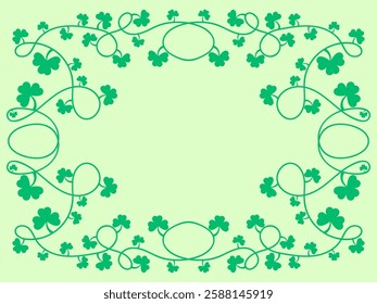 Green clover leaves frame for St. Patrick's Day. Border with shamrocks with place for text. Holiday shamrock frame for promotional products, postcards and printed publications. Vector illustration