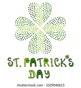 Green Clover Leaves Heart Shaped on a White Background. With St Patricks Day Lettering. Vector Illustration Hand Drawn. Doodle Style.