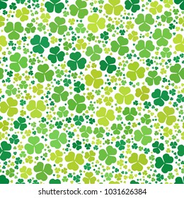 Green clover leaves mosaic texture isolated on white background. Happy St. Patrick's Day shamrock wallpaper. Seamless pattern. Abstract geometric shapes gradient vector illustration