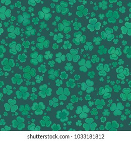 Green clover leaves mosaic texture isolated on dark background. Happy St. Patrick's Day shamrock wallpaper. Seamless pattern. Abstract geometric shapes gradient vector illustration
