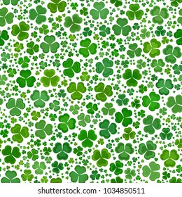 Green clover leaves mosaic texture isolated on white background. Happy St. Patrick's Day shamrock wallpaper. Seamless pattern. Abstract geometric shapes gradient vector illustration