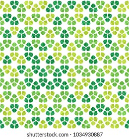 Green clover leaves mosaic texture isolated on white background. Happy St. Patrick's Day shamrock wallpaper. Seamless pattern. Abstract geometric shapes gradient vector illustration