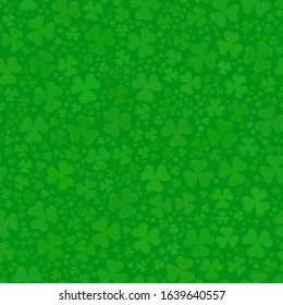 Green clover leaves mosaic texture isolated on dark background. Happy St. Patrick's Day shamrock wallpaper. Seamless pattern. Abstract geometric shapes gradient vector illustration
