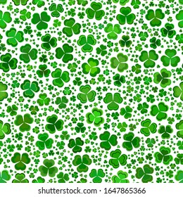 Green clover leaves mosaic texture isolated on white background. Happy St. Patrick's Day shamrock wallpaper. Seamless pattern. Abstract geometric shapes gradient vector illustration
