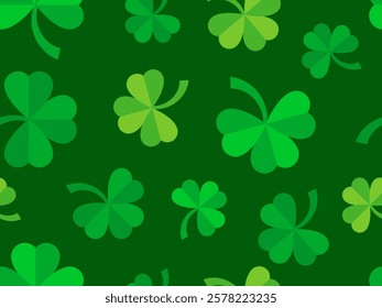 Green clover leaves seamless pattern for St. Patrick's Day. Shamrock clover is a symbol of good luck. Design for promotional products, postcards and printed publications. Vector illustration