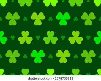 Green clover leaves seamless pattern for St. Patrick's Day. Shamrock clover is a symbol of good luck. Design for promotional products, postcards and printed publications. Vector illustration