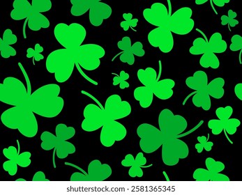 Green clover leaves seamless pattern for St. Patrick's Day. Shamrock clover is a symbol of good luck. Design for promotional products, postcards and printed publications. Vector illustration