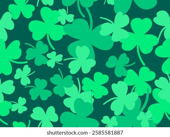 Green clover leaves seamless pattern for St. Patrick's Day. Shamrock clover is a symbol of good luck. Design for promotional products, postcards and printed publications. Vector illustration