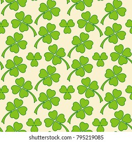 Green clover leaves seamless pattern. Irish St. Patrick's day vector backround.