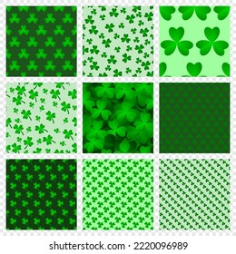 Green clover leaves seamless patterns set. Abstract geometric backgrounds. Seamless vector patterns collection. Vector illustration
