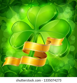 Green clover leaves or shamrock with golden ribbon, for Patrick day. Vector illustration.