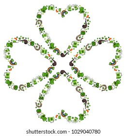 Green Clover Leaves in the Shape of a Heart Consisting of Objects. Hat, Horseshoe, Pot of Gold, Ireland Flag, Pipe. St. Patricks Day Vector Illustration Hand Drawn. Style Doodle.