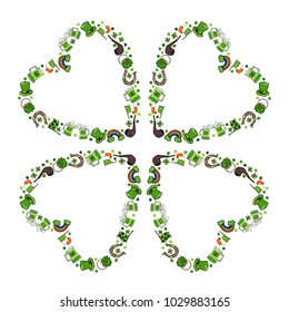 Green Clover Leaves in the Shape of a Heart Consisting of Objects. Hat, Horseshoe, Pot of Gold, Ireland Flag, Pipe. St. Patricks Day Vector Illustration Hand Drawn. Savoyard Style Doodle.