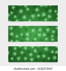 Green clover leaves vector background. Set of 3 banners for St. Patricks Day. Perfect template for website, social media, etc.