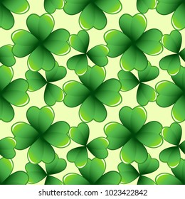 Green clover leaves vector seamless pattern. Nature spring background. Irish traditional St. Patrick's day design element.