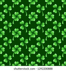 Green clover leaves vector seamless pattern. St. Patrick's day background. Floral spring nature backdrop.