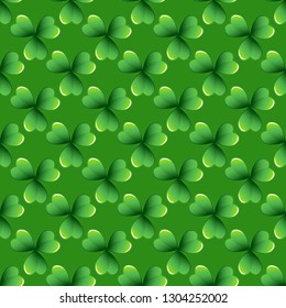 Green clover leaves vector seamless pattern. Nature spring background. Irish traditional St. Patrick's day design element.