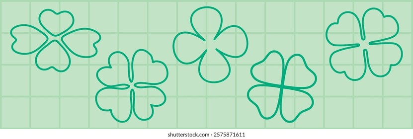 Green clover patterns on a light green grid. Clover designs repeat, showcasing various clover shapes. Clover motifs add a lucky charm theme. Isolated illustration elements, vector set.