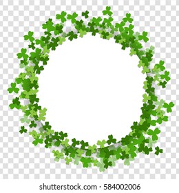 Green clover Saint Patrick Day on transparent background. Vector illustration empty background. Material blank frame border shadow. Comic speech phrase. Comic text sound effects