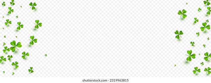 Green Clover Saint Patrick Vector Transparent Panoramic Background. Spring Foliage Wind Wallpaper. Summer Leaves Design. Olive color Leaf Botanical Illustration.