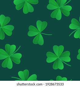 Green clover seamless pattern. Saint Patricks Day concept. Can be used as fabric texture, textile, backdrop. Stock vector illustration in cartoon realistic style