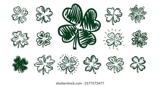 Green Clover set on white, Saint Patricks Day, hand drawn illustrations.