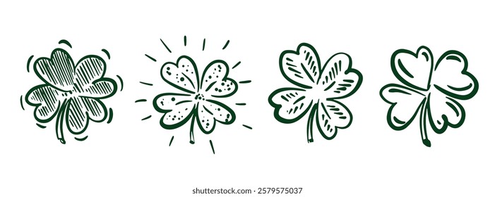 Green Clover set on white, Saint Patricks Day, hand drawn illustrations.	