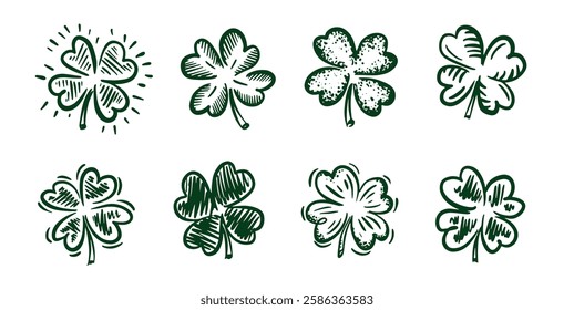 Green Clover set on white, Saint Patricks Day, hand drawn illustrations.	