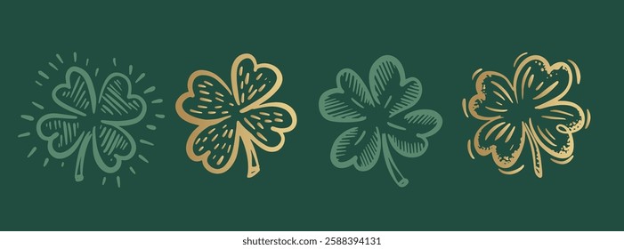 Green Clover set on white, Saint Patricks Day, hand drawn illustrations.	