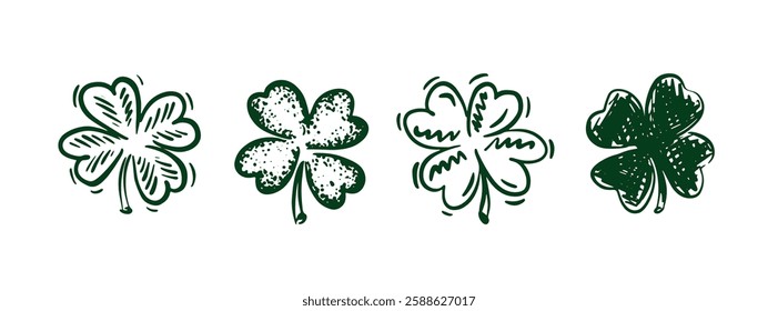 Green Clover set on white, Saint Patricks Day, hand drawn illustrations.	
