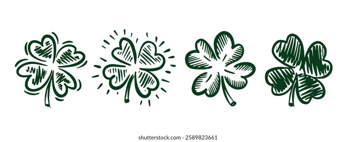Green Clover set on white, Saint Patricks Day, hand drawn illustrations.	
