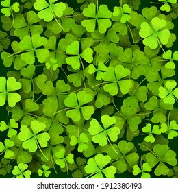 Green clover shamrock realistic pattern. St. Patrick's day background. Vector illustration. Isolated on green background.