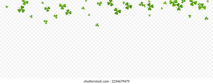 Green Clover Stream Vector Transparent Panoramic Background. Bright Leaf Wind Template. Isolated Shamrock Design. Spring Leaves Fly Wallpaper.