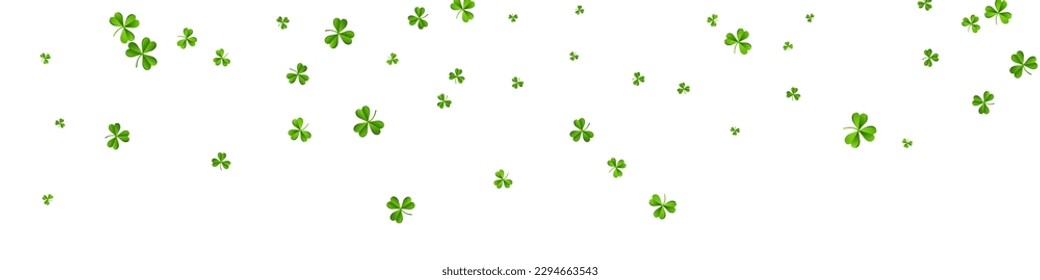 Green Clover Stream Vector White Panoramic Background. Malachite Leaf Fly Pattern. Air Shamrock Wallpaper. Spring Leaves Wind Design.