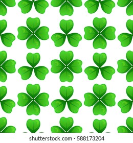 Green clover with three and four leaves. St Patricks Day seamless pattern. Vector tileable design element. Saint Patrick used three-leafed clover to teach the Trinity