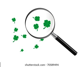 Green clover under magnifying glass