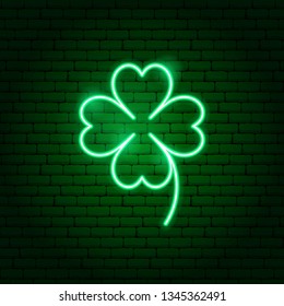 Green Cloverleaf Neon Sign. Vector Illustration of Nature Promotion.