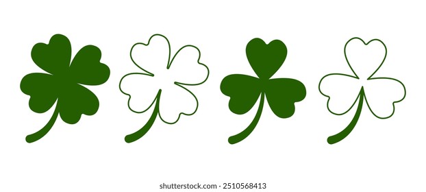 Green Cloverleaf vector Icons, Lucky Clover symbol, Isolate Charm, Fortune Pictogram, Graphic for decoration, Ecology illustration, Vector stock (Editable)