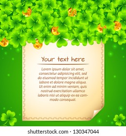 Green clovers background with golden coins and sheet of old paper with text. Vector background for Saint Patrick's Day.