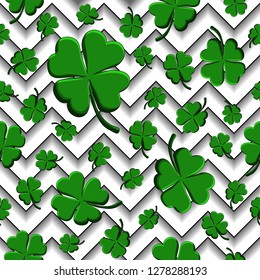 Green clovers with four leaves. St Patricks Day geometry seamless pattern. Vector tileable design element on a depth geometric black and white background