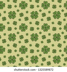 Green clovers with four leaves. Vector seamless pattern for St. Patrick's Day celebration.