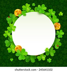 Green clovers and golden coins Saint Patrick's Day vector frame