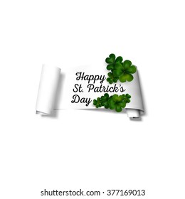 Green clovers on white paper ribbon with shadow, decoration for greeting cards. St Patricks day vector design.
