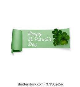 Green clovers on white paper ribbon with shadow, decoration for greeting cards. St Patricks day vector design.