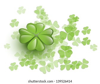 Green clovers with one four-leaf lucky clover, EPS 10